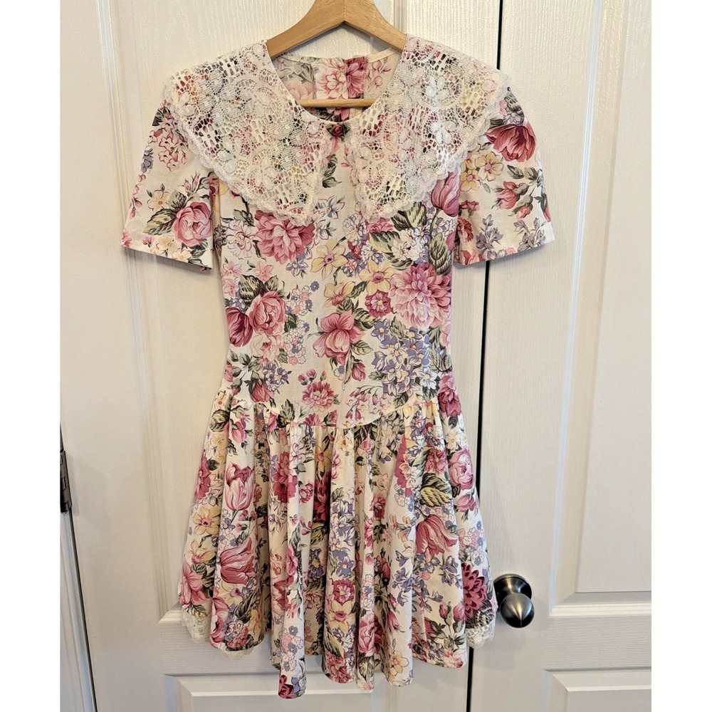 Vintage SWAT Kids Girls Dress Sz 10 Floral Lace Drop Waist Cottagecore Tea Party